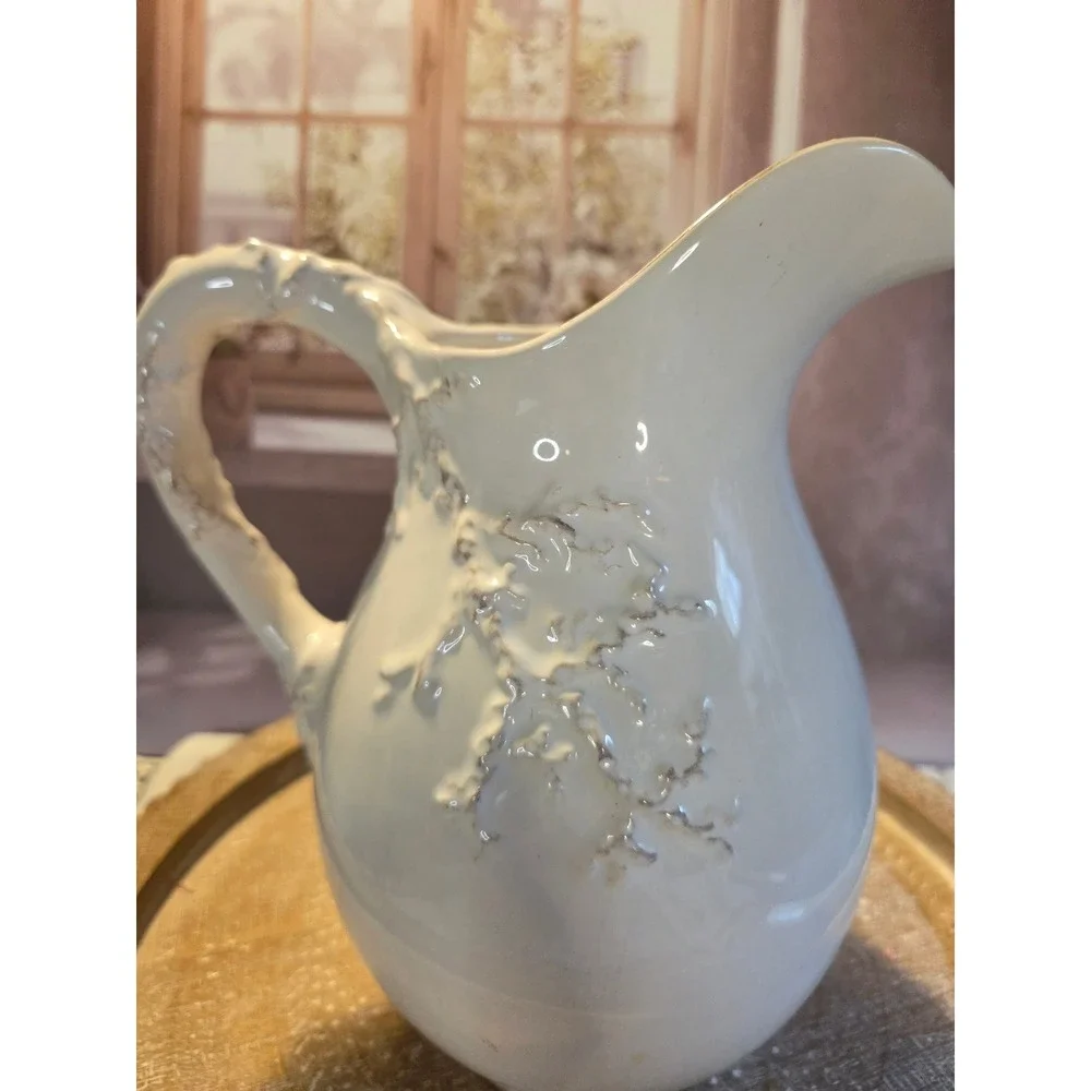 Vintage Italian Style Ceramic Floral‎ Embossed Pitcher Farmhouse Creamer Vase